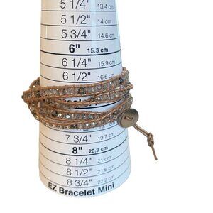 LIZOU LEATHER WRAP BRACELET SILVER TONE ADJUSTABLE FACETED CRYSTALS TAN